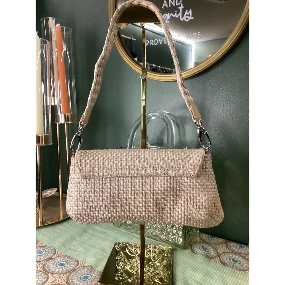 The Sak Woven Baguette Shoulder Bag Beige Champagne Braided Strap Y2K Style